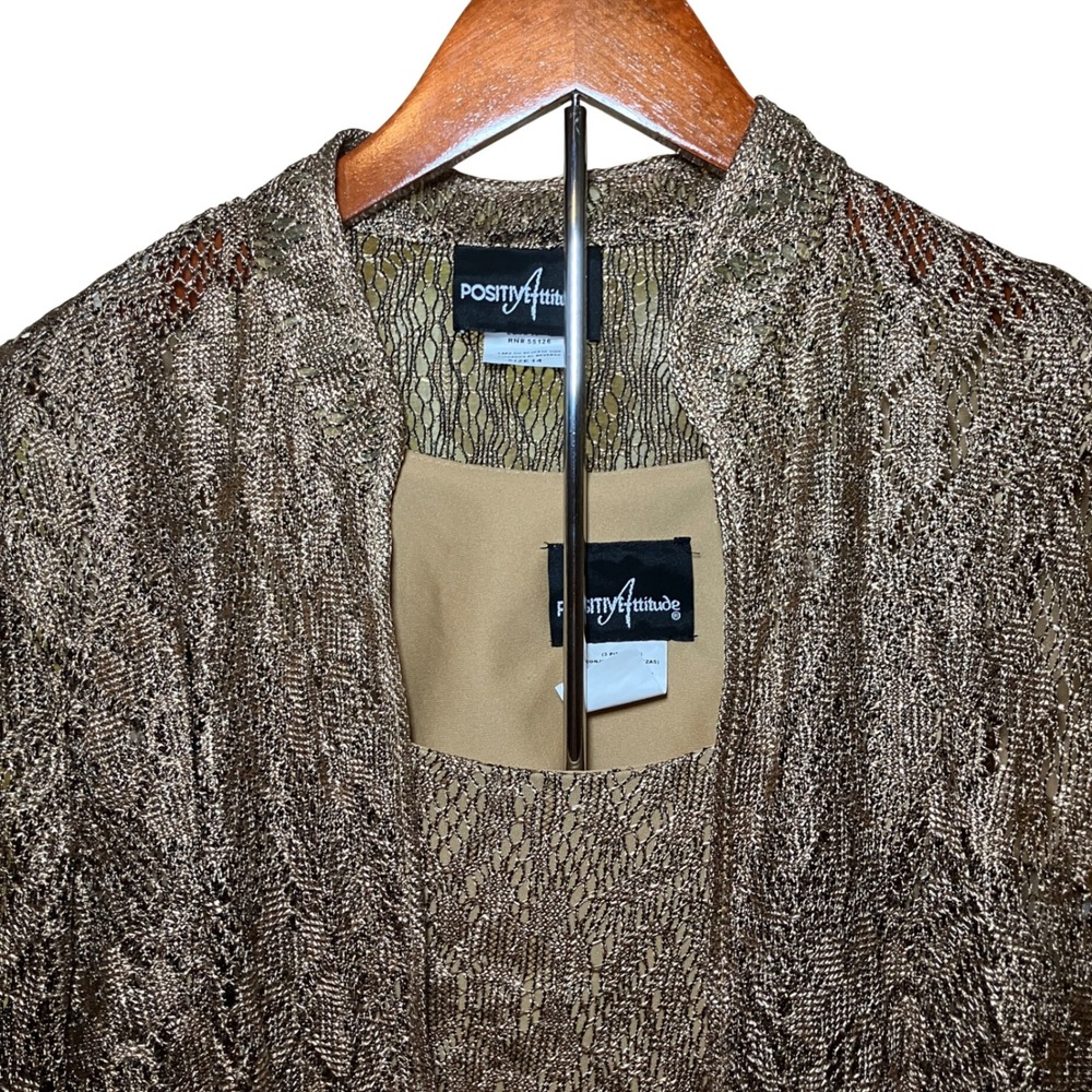 Positive Attitude Cardigan Set Women 14 Gold Metallic Crochet 2pc Vintage - Picture 2 of 10